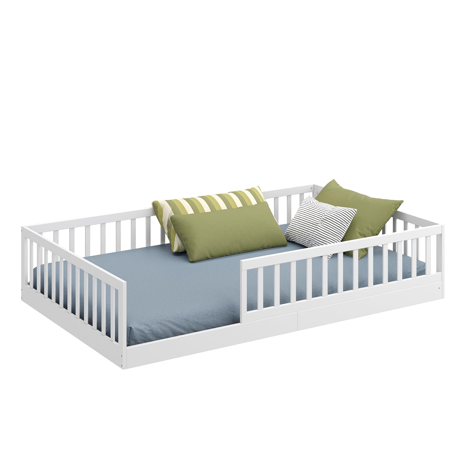 CADANI Timi Lit de Sol 120x200 cm Lit Enfant Montessori avec Barrière de Sécurité et Sommier à Lattes, Bois Massif Pin, Blanc, 3 Variantes de Construction