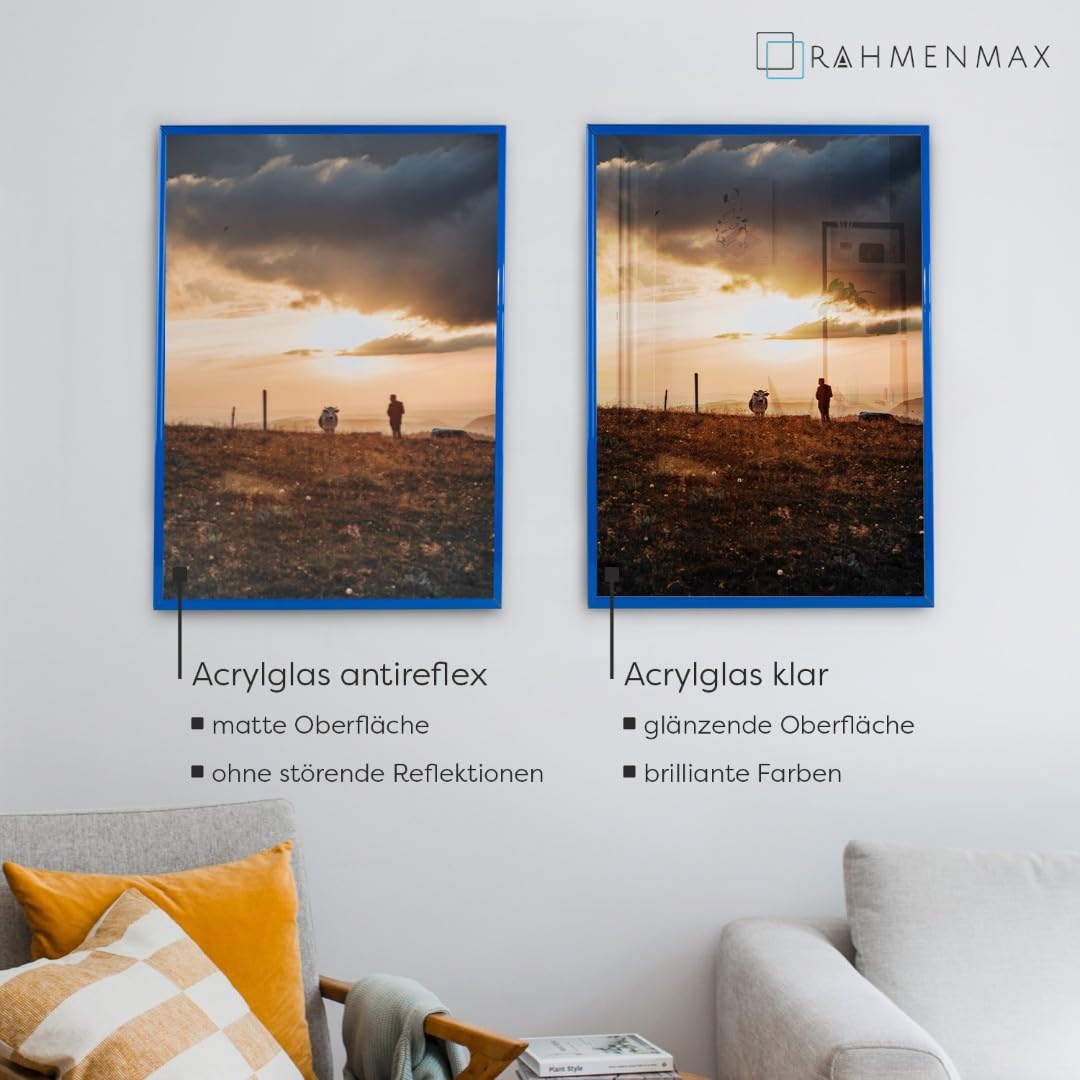 RahmenMax Texas - Cornice portafoto in plastica blu con vetro acrilico trasparente, 84 x 67 cm, sfondo bianco, formato a scelta