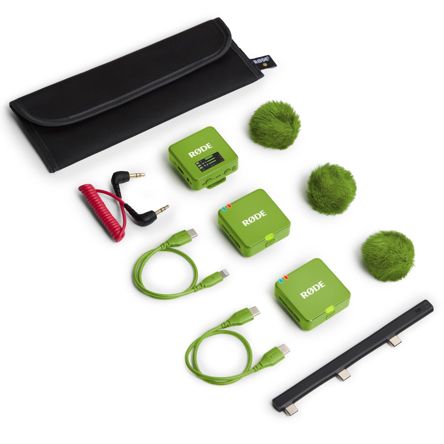 Rode Wireless GO Gen 3 bezprzewodowy 2-kanałowy system radiowy mikrofonowy, zielony, z interview GO, adapter ręczny, zielony i keepdrum, futrzana ochrona przed wiatrem