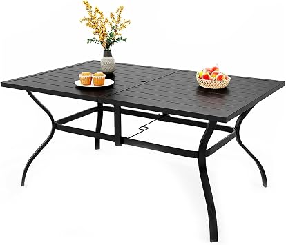 PHI VILLA Patio Table for 6, Black Metal Dining Table w/Umbrella Hole | 60" rectangle Wrought iron table. Slatted top design, weather resistant. Perfect for outdoor deck, porch, backyard