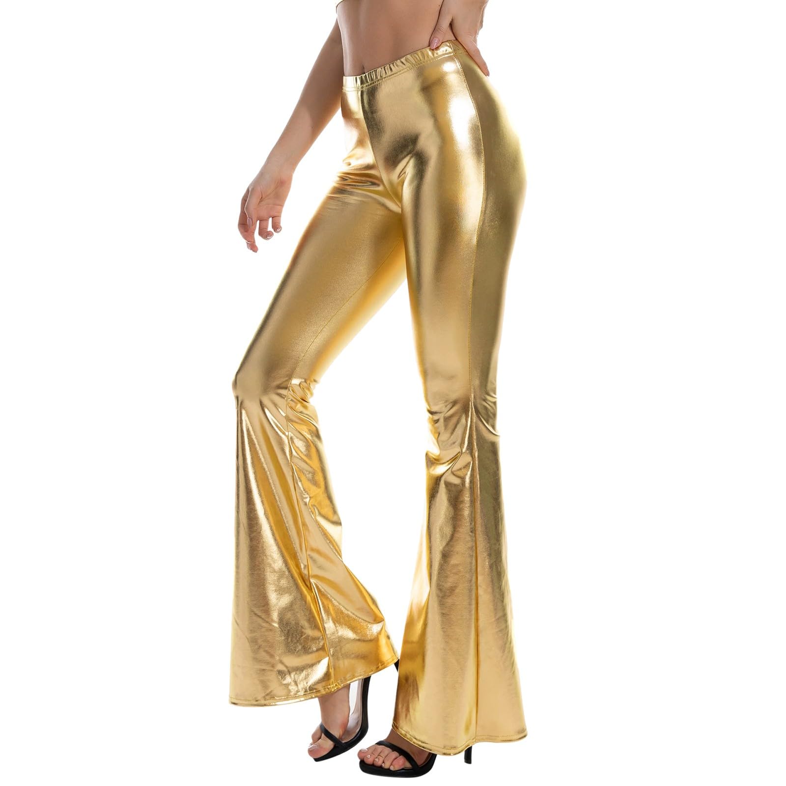 Women's High Waisted Metallic Flare Pants 70s Disco Dance Shiny Leggings Wide Leg Bootcut Palazzo Trousers Club Wear Yellow