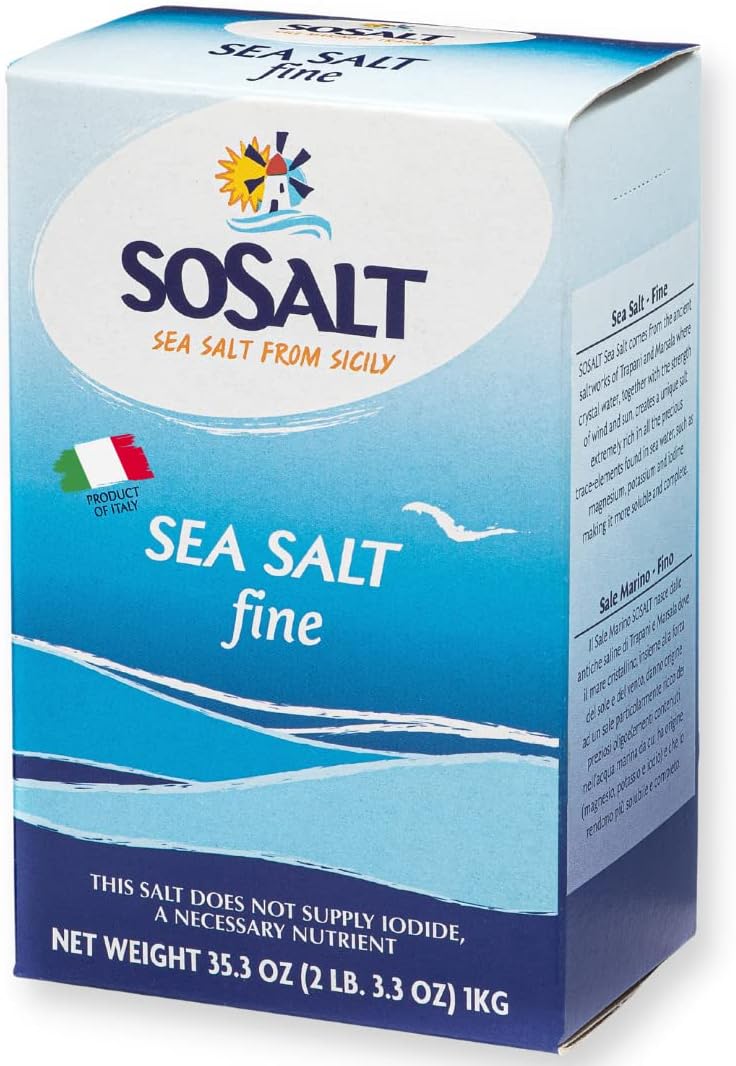 SOSALT Dal Mare di Trapani Fine Natural Sea Salt โ Authentic Sicilian Sea Salt Harvested from the Mediterranean, 1 kg (35.3 oz), Unrefined, All-Natural, Non-Iodized Gourmet Salt, Product of Sicily, Italy