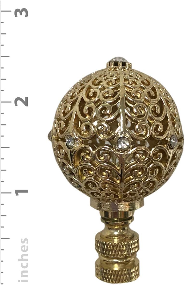 Royal Designs Traditional Filigree Globe 2.75" Crystal Embelishment Lamp Finial for Lamp Shade, Polished Brass - Set of 2
