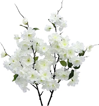 2pcs Artificial Cherry Blossom Flower Bulk Plum White Silk Peach Flowers Cherry Blossom Branches with Leaves for Spring Summer Decor Home Wedding Party Table Centerpieces
