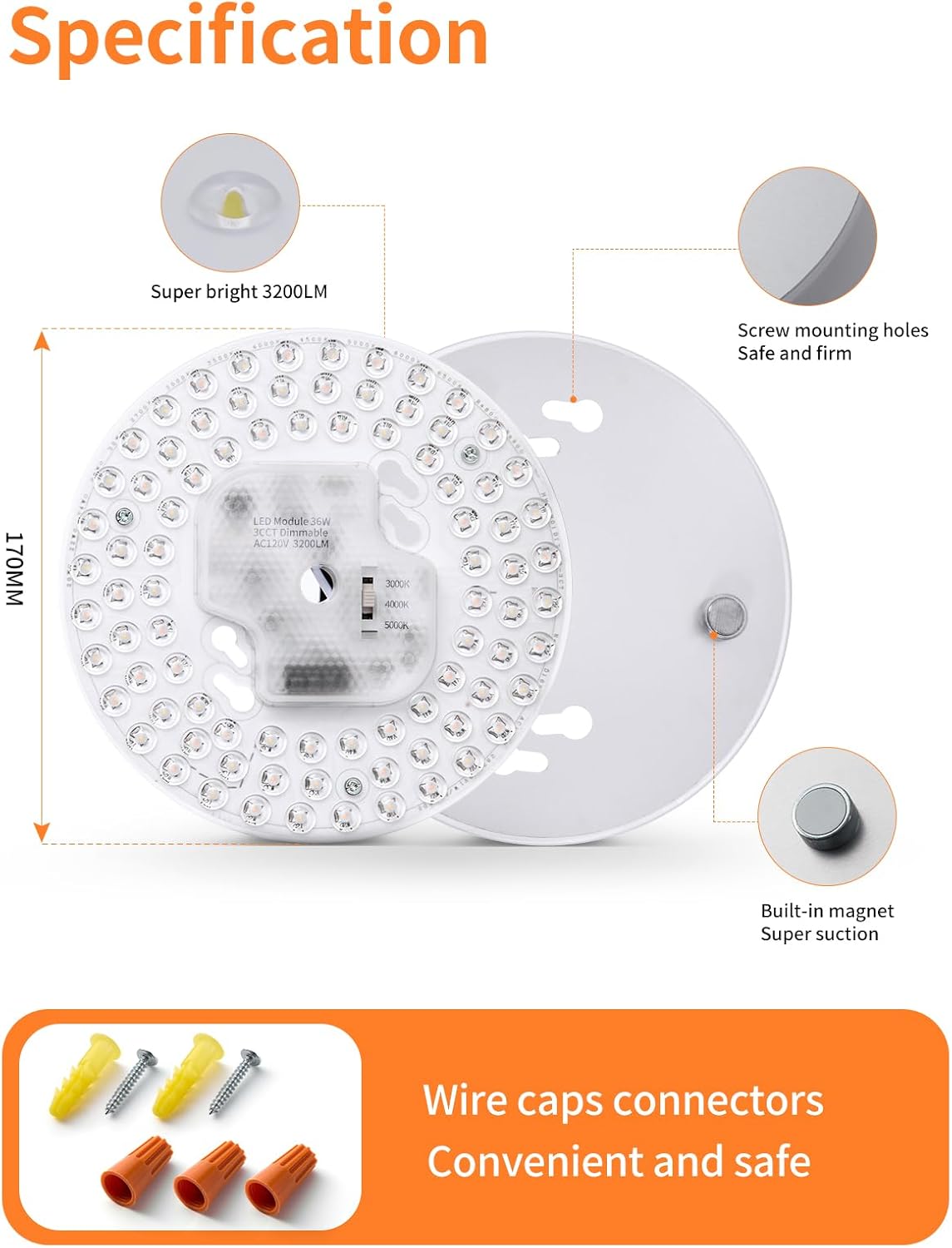 1 Pack Ceiling Fan Lamp Replacement, 6.69 inch Dimmable 3CCT 3000K/4000K/5000K 36W 3200LM, Ceiling Fan LED Light Kit Replacement, LED Light Engine Retrofit Kit