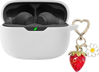 for JBL Vibe Beam/JBL Vibe 200TWS Case Cover with Cute Strawberry Charm Keychain,Soft Silicone Protective Case Daisy for JBL Vibe 200TWS & JBL Vibe Beam True Headphones Charging Case White