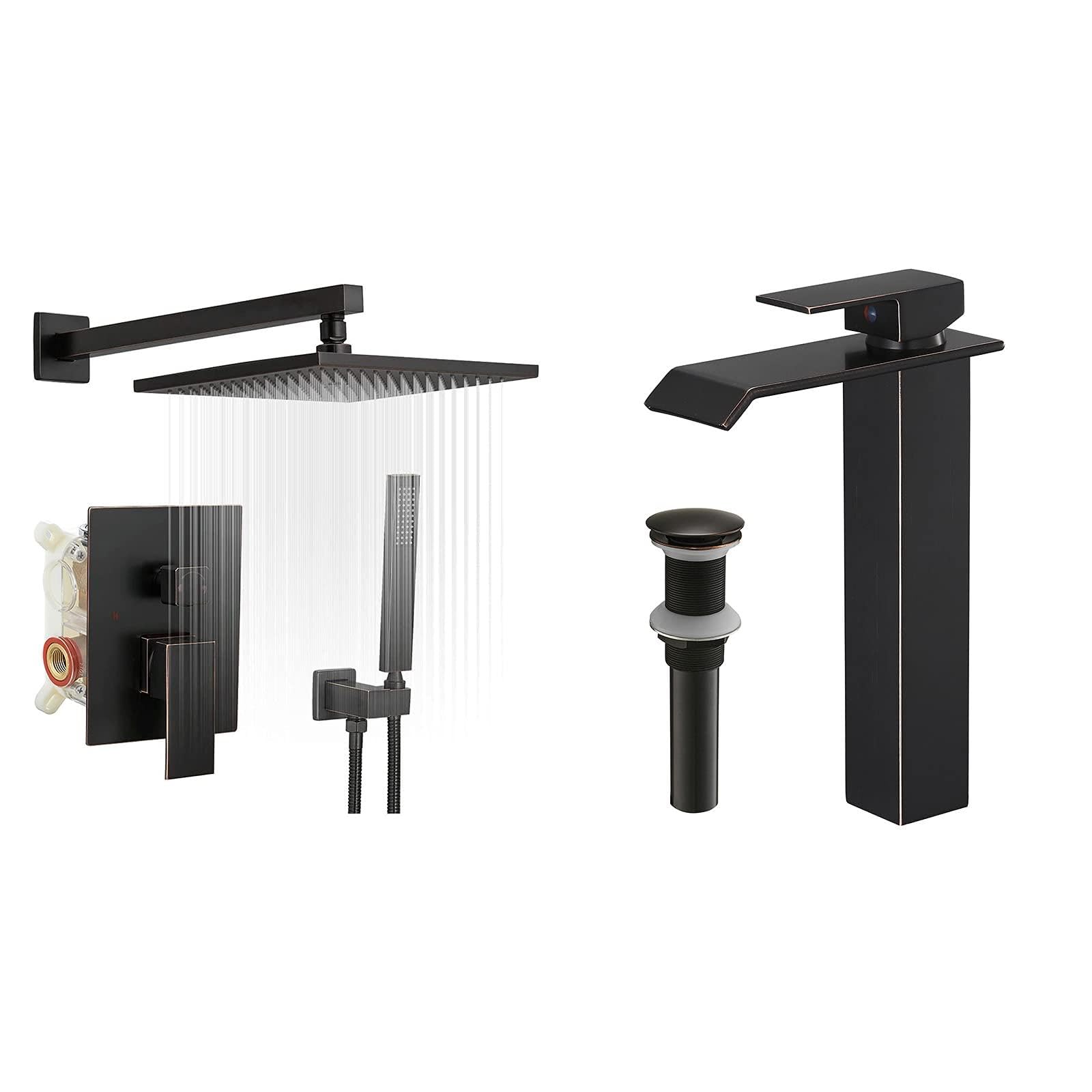 Sxithgkdw Bronze Shower System Rainfall Shower Head 10 Inch Oil Rubbed With Handheld Spray Mixer Wall Mounted Bathroom Bundle Tall Waterfall Bathroom Faucet And Pop Up Drain Without Overflow