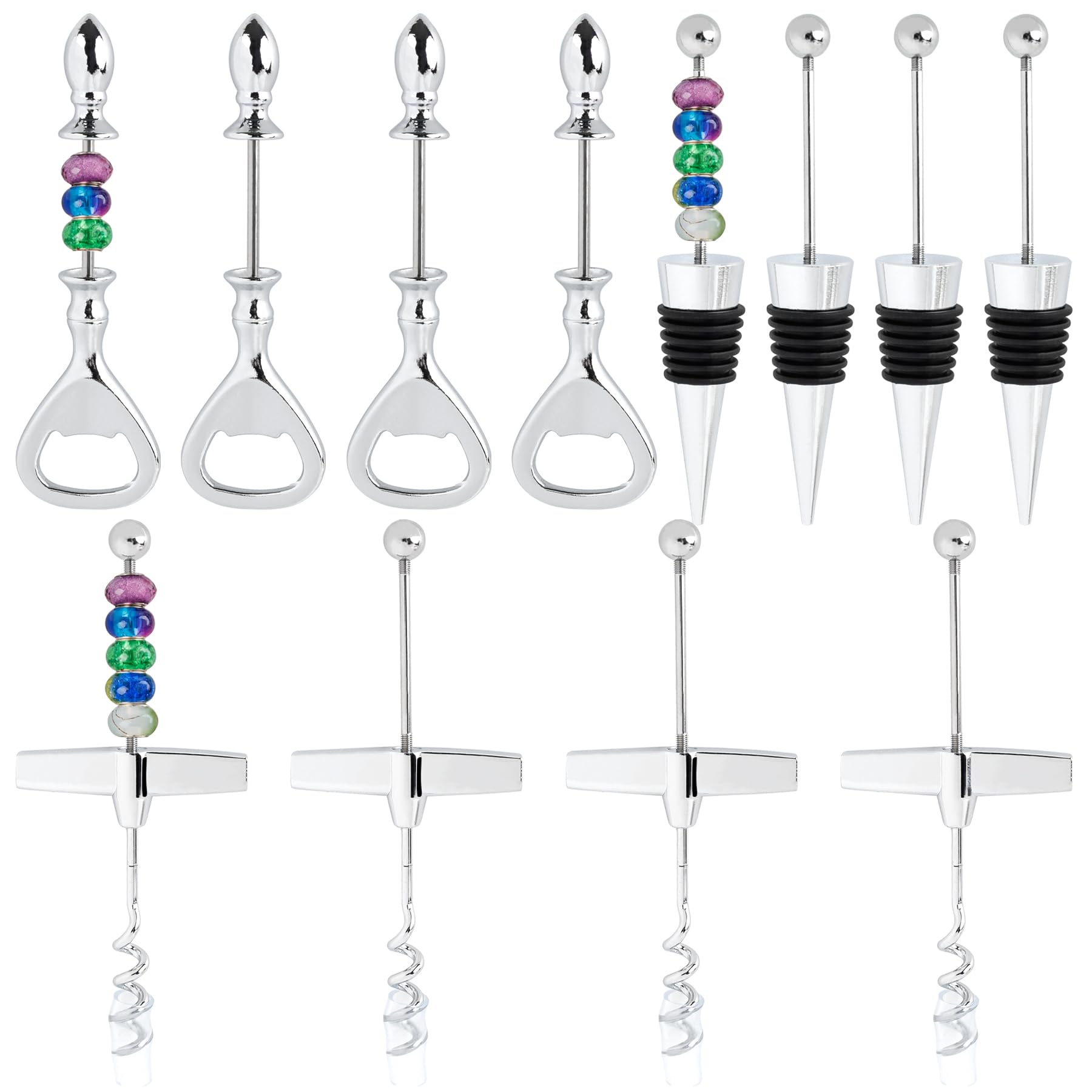 AUEAR, Weinflaschenöffner-Set, 12 Stück, 4 Stück, Perlen-Weinflaschenverschluss, 4 Stück, Bierflaschenöffner, 4 Stück, Perlen-Weinverschluss für Küche, Bar