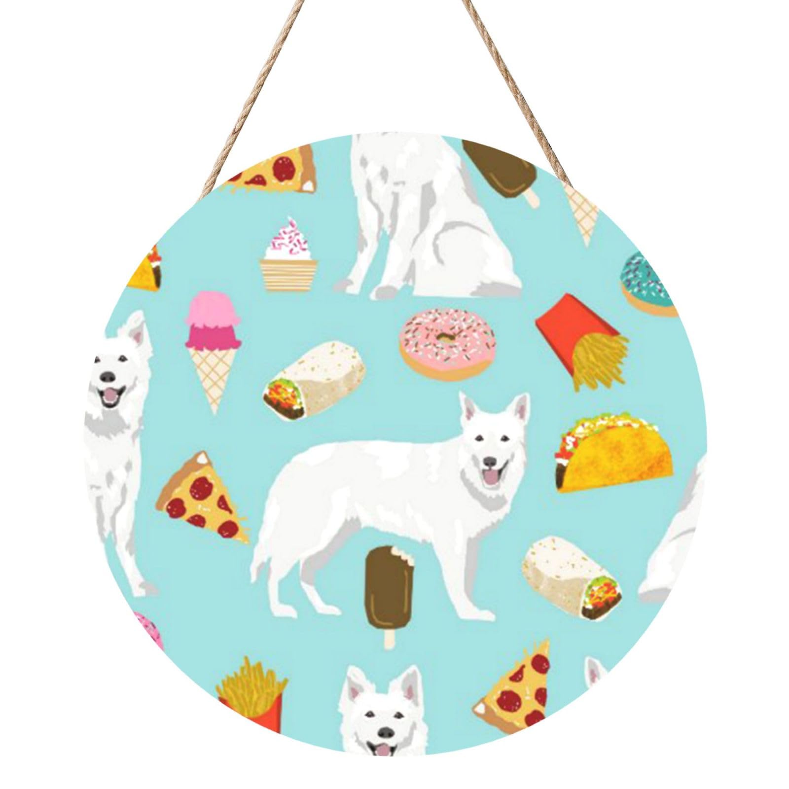 InOmak White German Shepherd, Round Wood Panel Painting 12 in, Wall Hanging Painting For Home