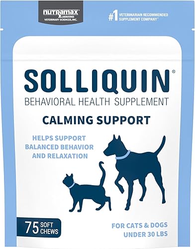 Nutramax Solliquin - Suplemento calmante para la salud conductual para perros y gatos pequeños a medianos con L-teanina magnoliaphellodendron y
