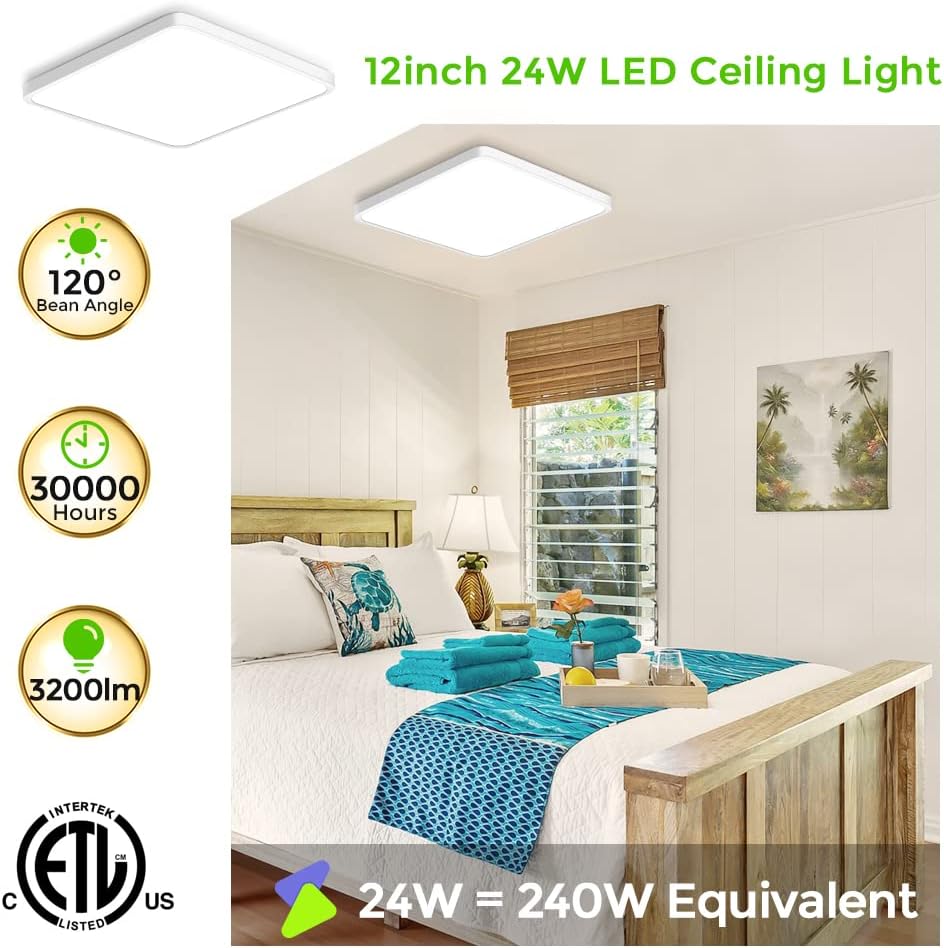 inShareplus 12 inch LED Ceiling Light Fixture, 24W [240W Equivalent] Nature White 4000K Square White Flush Mount Ceiling Lights Fixture, 3200LM Ceiling Lamp for Bedroom, Living Room, Office, Hallway