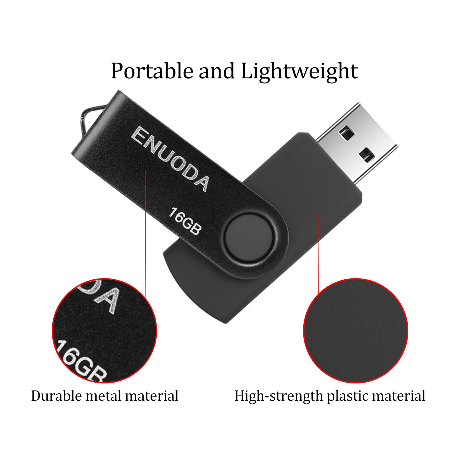 ENUODA 16GB USB Stick 1 Pack Memory Stick USB 2.0 Flash Drives Swivel Design Pen Drive for Data Storage Thumb Drive with LED Light (Black) — view 2