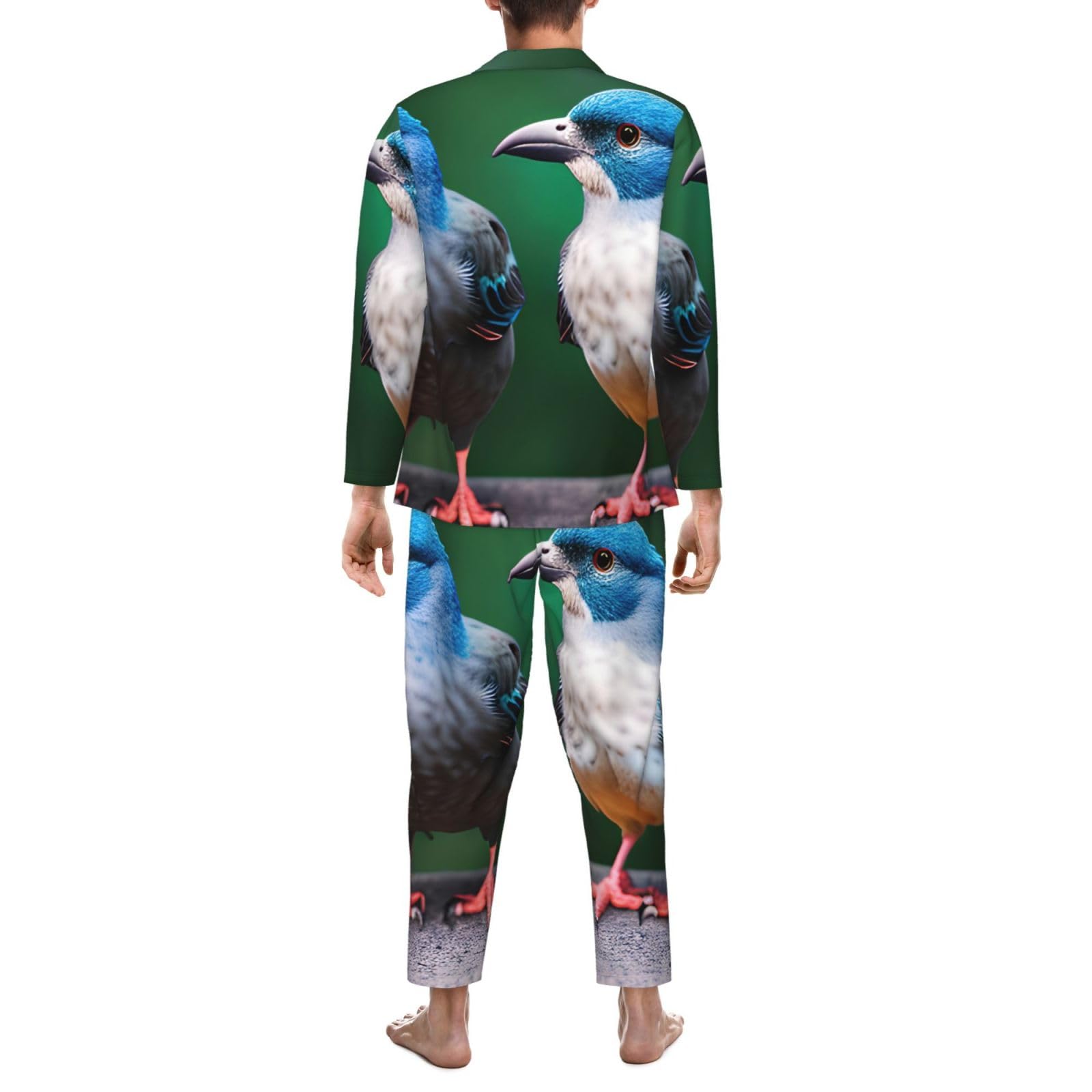 Zweiteiliges Pyjama-Set für Herren, langärmelig, mit zwei Vögeln, bequeme Nachtwäsche