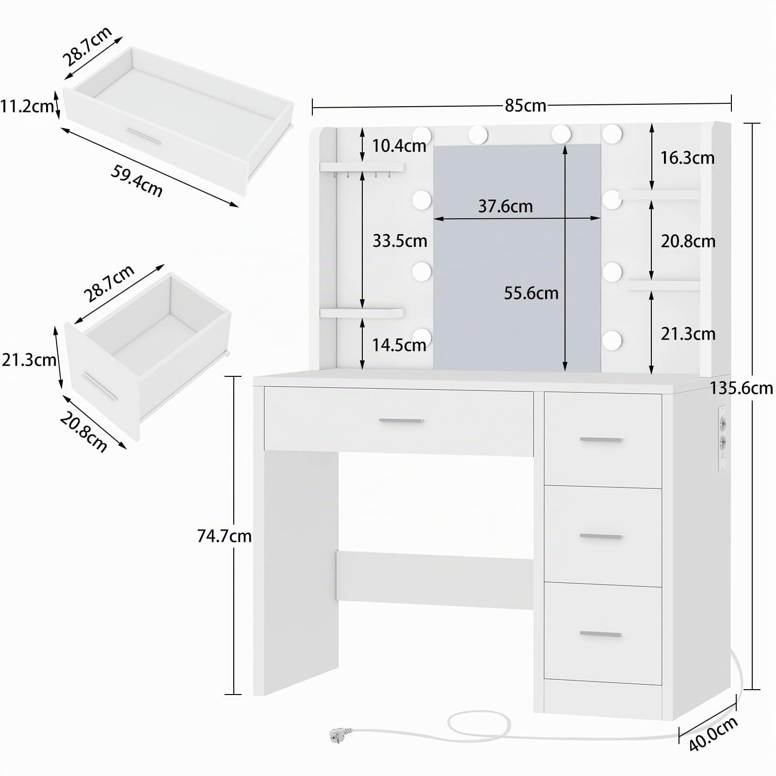 Tocador, Tocador de Maquillaje con Luces y Espejo, Mesa de Maquillaje con Toma de Corriente, Mesa de Maquillaje con 4 Cajones, 4 Estantes Abiertos, 5 Ganchos de Joyería para, Blanco