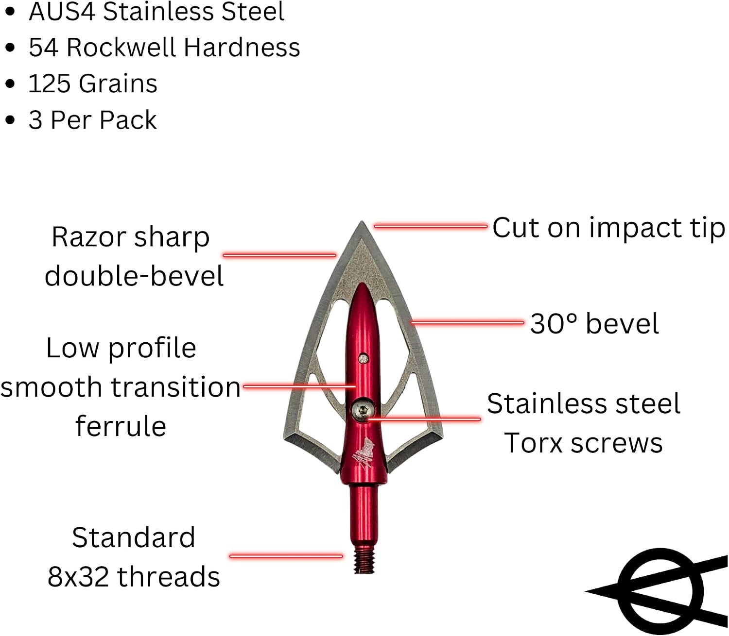Overkill Silver Flame Double Bevel Broadheads, 100/125/125XL/200XXL Grains, Razor Sharp, Stainless Steel Blades, 1 1/8" Wide Cut, Bone Breaking, for All Bows & Crossbows, 3 Pack