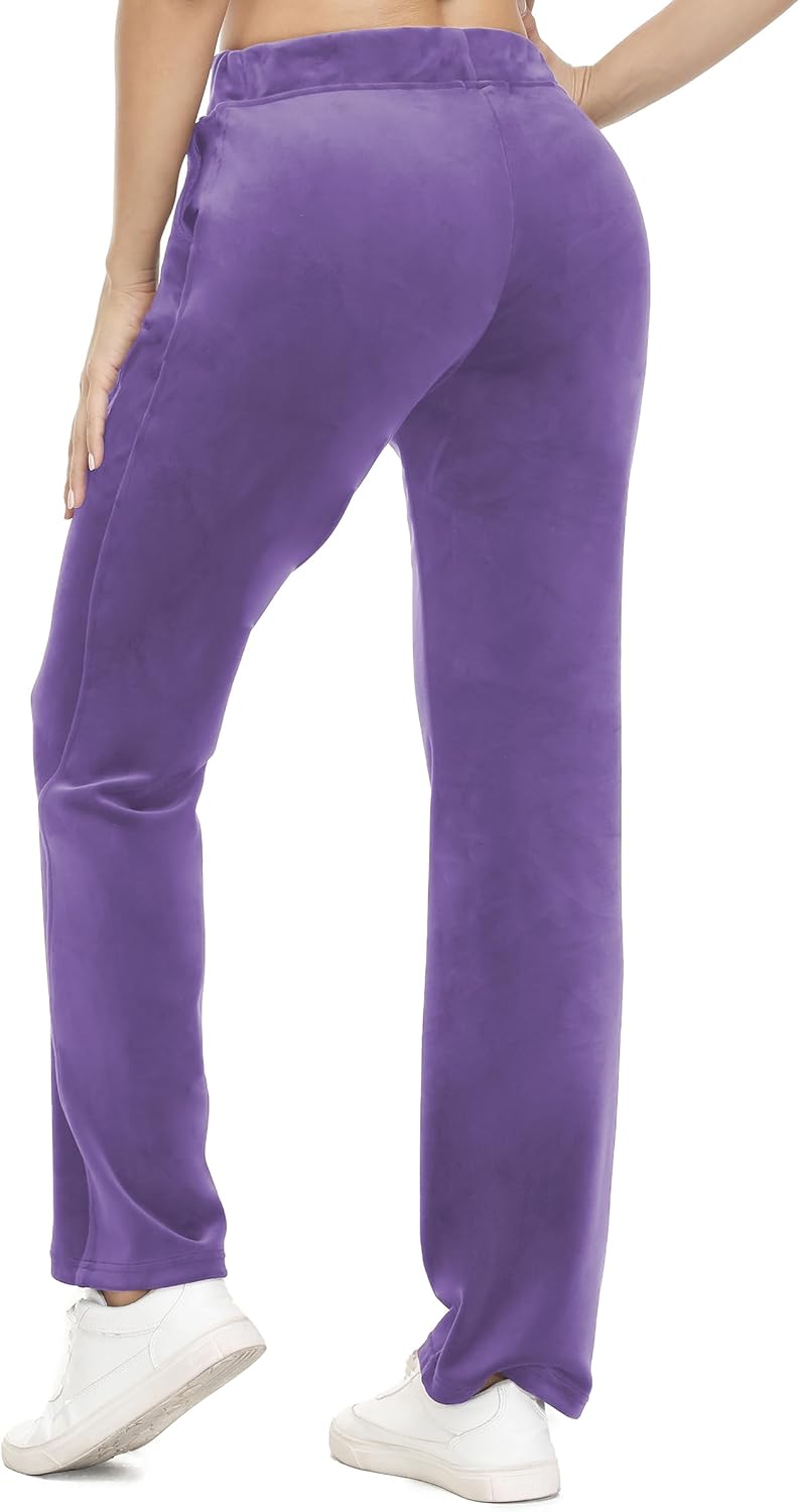 COZZIPLUS Women Velour Pant,Soft Velvet Sweatpant for Women, Straight Leg High Waist Velour Lounge Pant with Pockets - Image 2