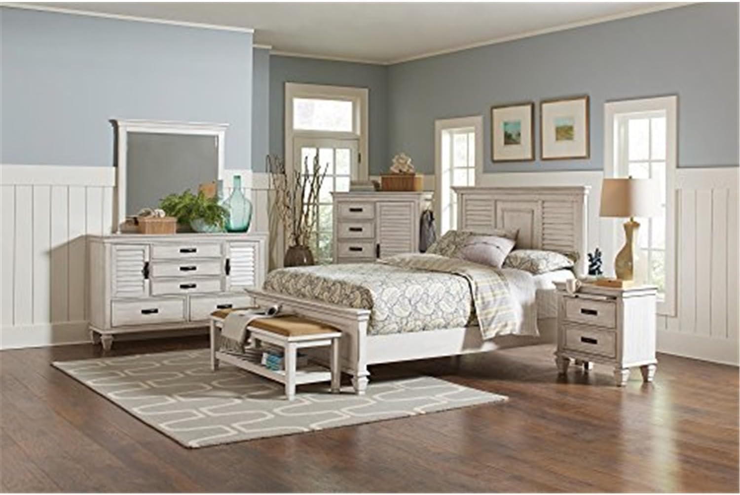 HomeStock Queen Panel Bed - Rustic White Wood Bed Frame, Tall Headboard, Slatted Design, 88.25 Inch Length