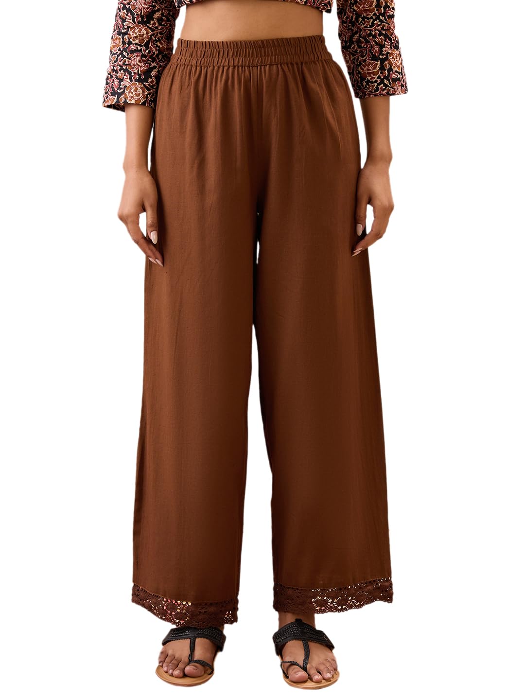 globus Women Solid High Rise Lace Detail Hem Straight Fit Wide Leg Ethnic Pants-picture-31