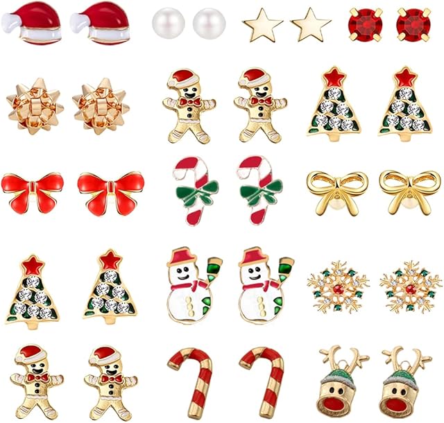 Rlbytia 6-16 Pairs Christmas Earrings Studs Snowman Reindeer Crystal Santa Hat Rhinestone Gift Snowflake Tree Earring Christmas Earrings Xmas Stainless Steel Women Kids