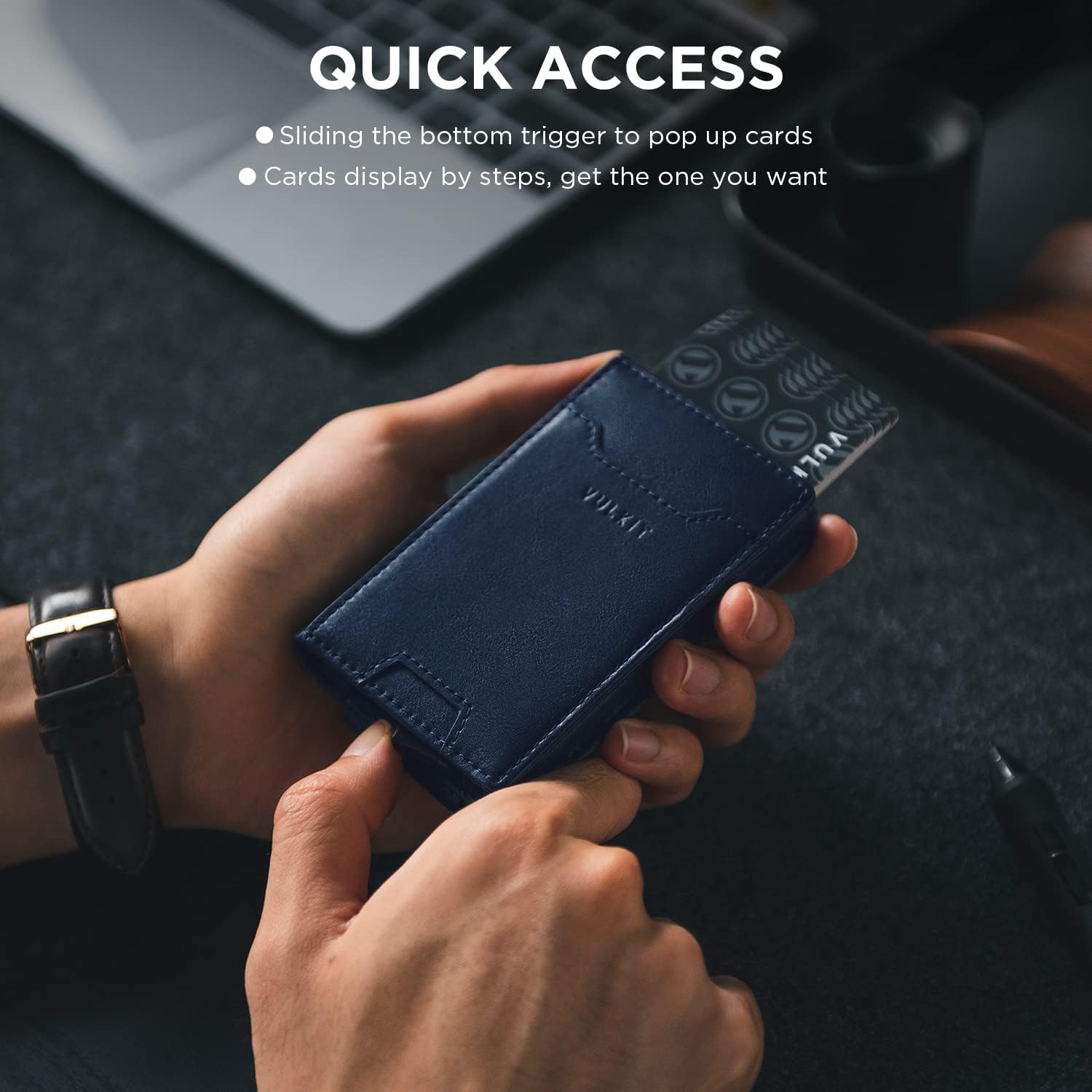 VULKIT Money Clip Wallet Pop Up Card Holder RFID Protection Mens Leather Wallet 2-IN-1 Business Card Holder For 7 Cards & 15 Bills - Image 3