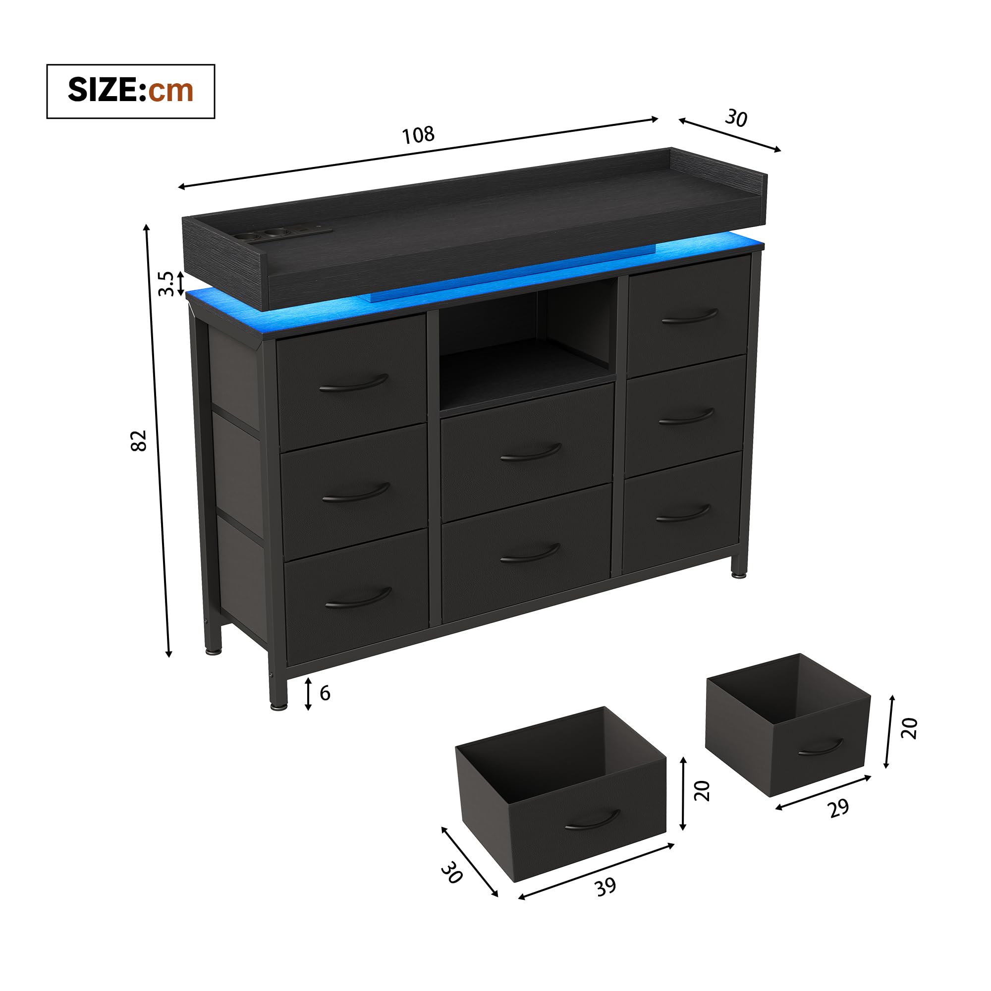 komoda z oświetleniem LED, komoda z 8 szufladami i otwartą półką, szafka w stylu vintage z 2 USB i 2 gniazdami AC, do sypialni, salonu, korytarza, stabilna z zabezpieczeniem przed przewróceniem