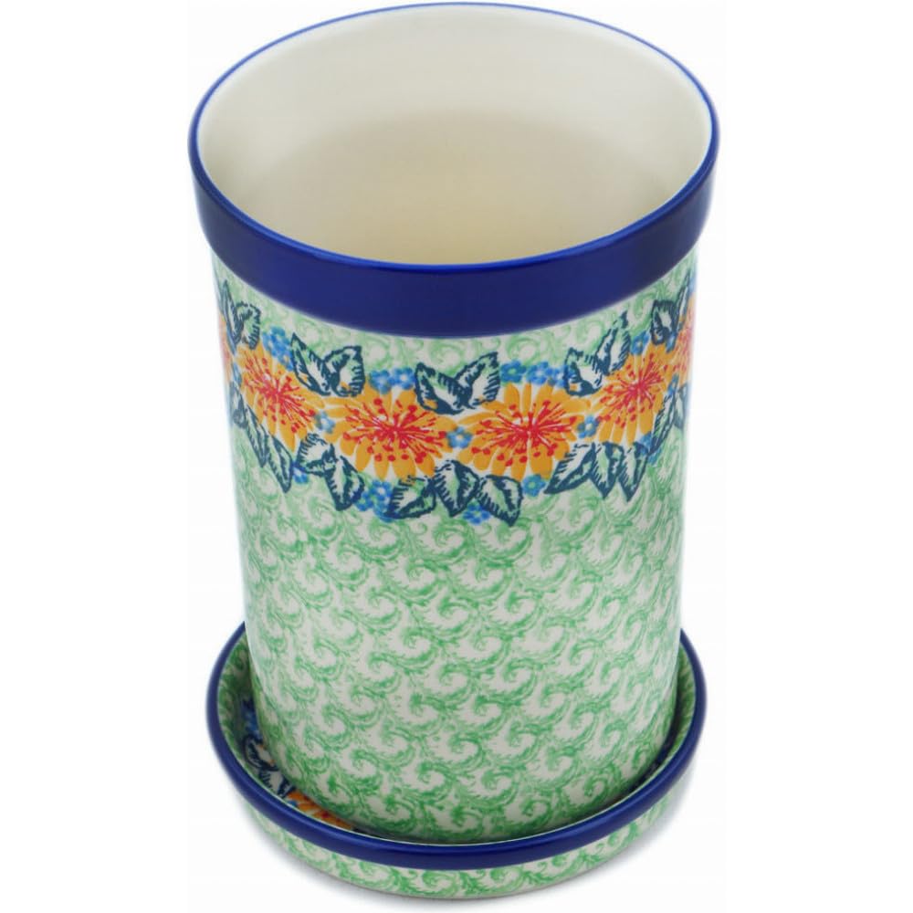 Authentic Polish Pottery Wine Chill with Saucer Signature UNIKAT in Marigold Chain Design Handmade in Boles?awiec Poland by Ceramika Artystyczna + Certificate of Authenticity