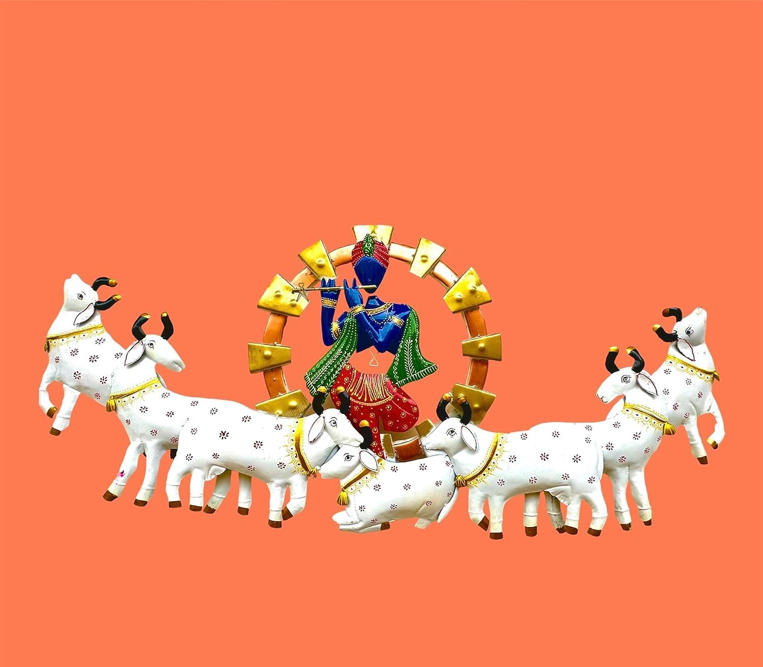 RSN Aesthetic Metal Handpainted Rustic Iron Wall Hanging of 7 Cow Krishna Art Sculpture for Home Office Wall Decor/Wall Hanging (55 inches) 2