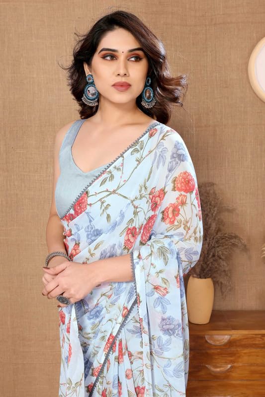 Image of Panzora Women's Georgette Printed Ready To Wear One Minute Saree With Unstitched Blouse Piece