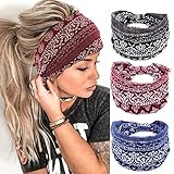 Catery Boho Headbands Blue Wide Knotted Head Bands Stretch Turban Headband Non Slip Yoga Hair Band for Women and Girls（Pack of 3