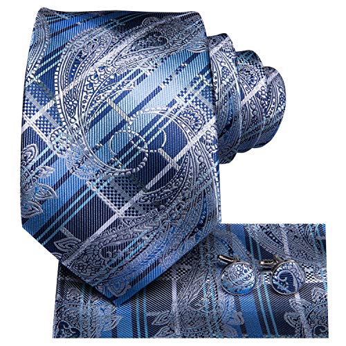 Image of Hi-Tie Men Ties Sets Silk Stripe Paisley Necktie Pocket Square Cufflinks for Business Wedding