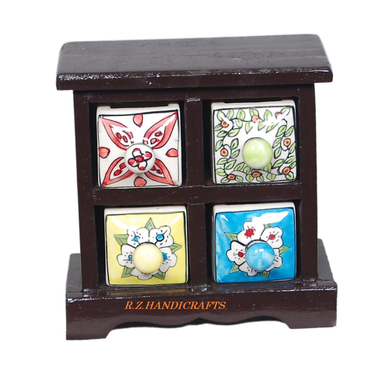 R.Z.HANDICRAFTS Wooden Drawer Chest With Ceramic Drawers White Black 4 Containers Used For Home Office Jewelry Spices Multipurpose Trinket Box-image-19