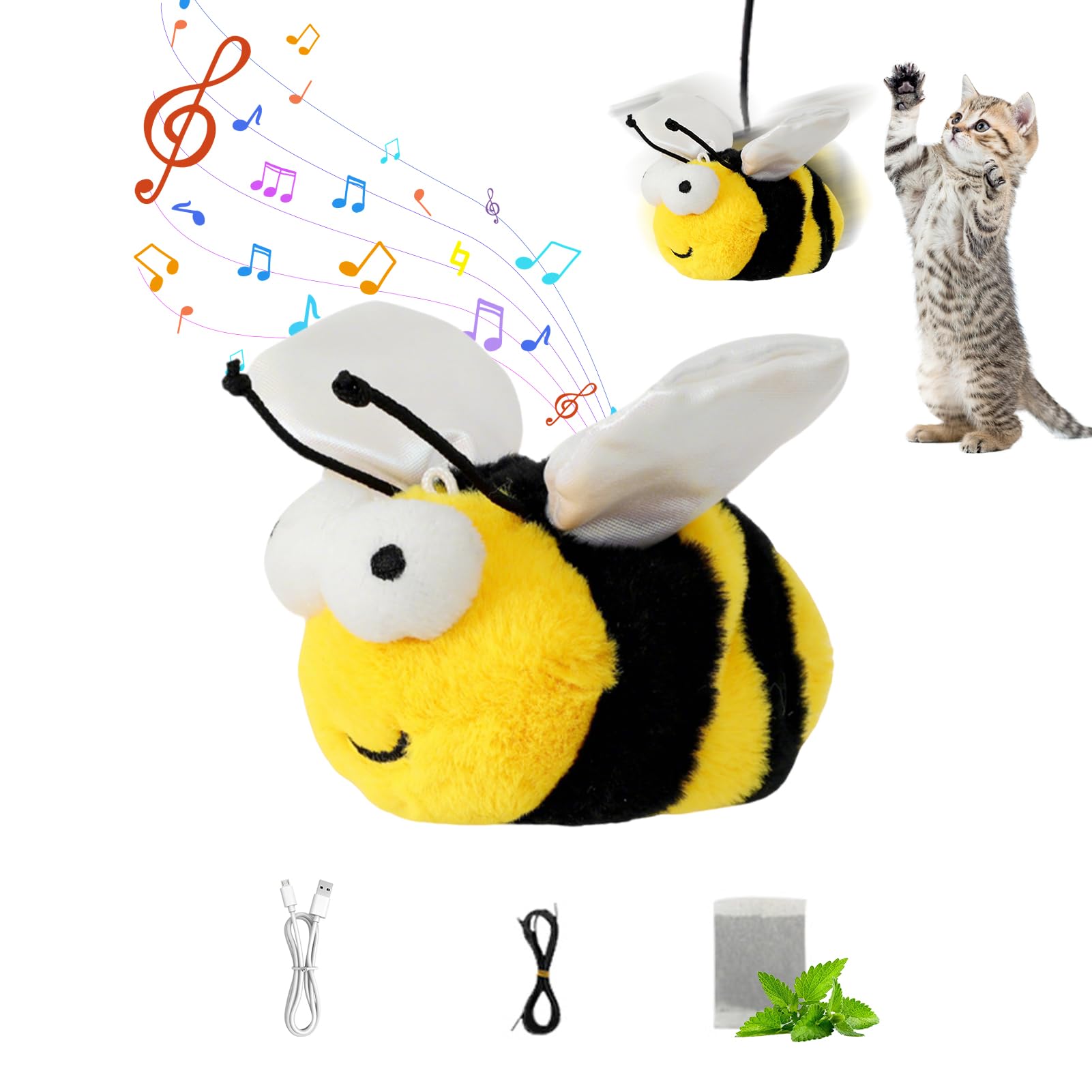 Shunfaji Interactive Cat Toy, Plush Bird Toy with Real Beating and Twitter, Rechargeable with Catnip (Bee) โ image 1