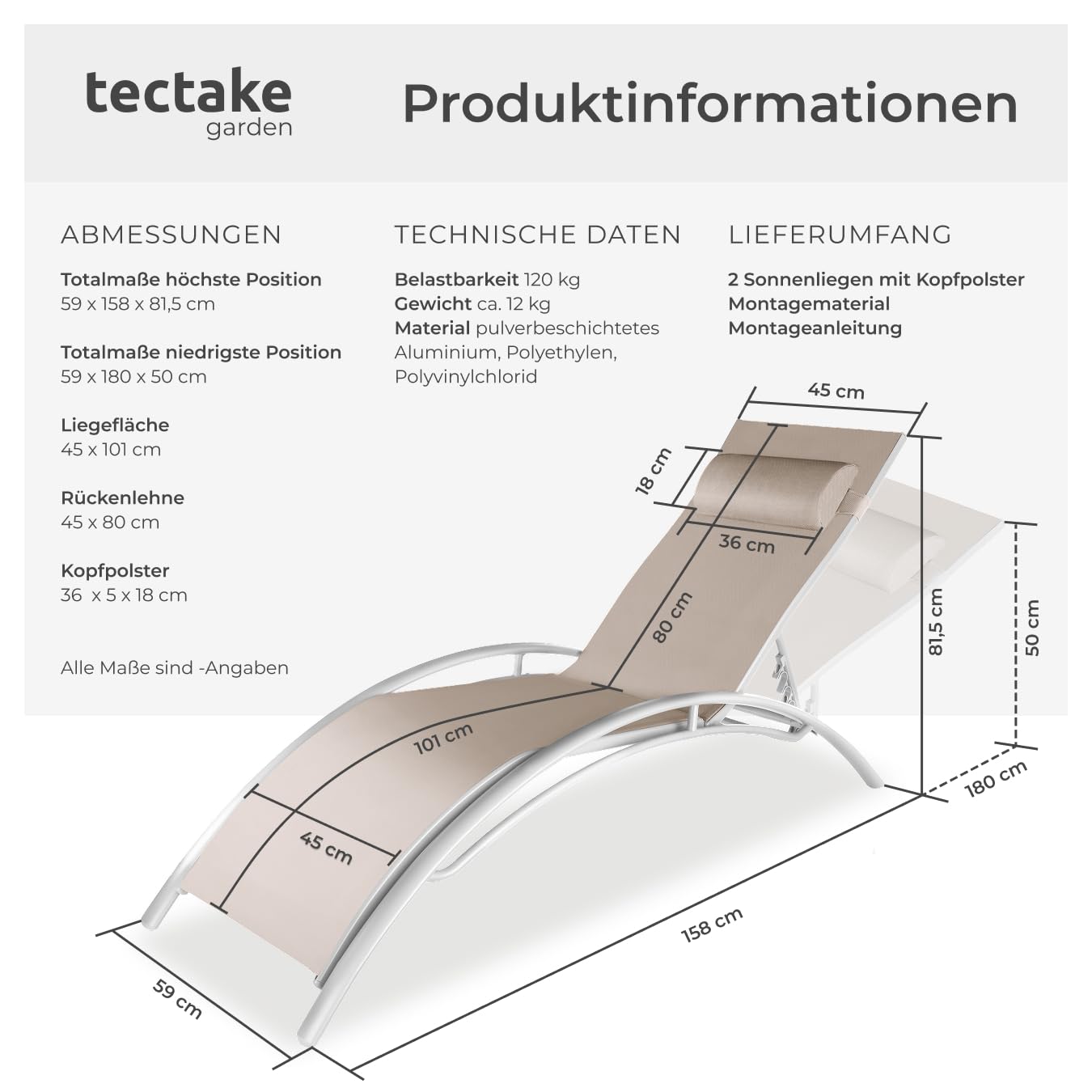 tectake 2er Set Gartenliege, Aluminium Sonnenliege, wetterfest, ideal für Garten, Balkon, Terrasse, praktischer Liegestuhl, inklusive Kopfpolster, 5-Fach verstellbare Rückenlehne -beige