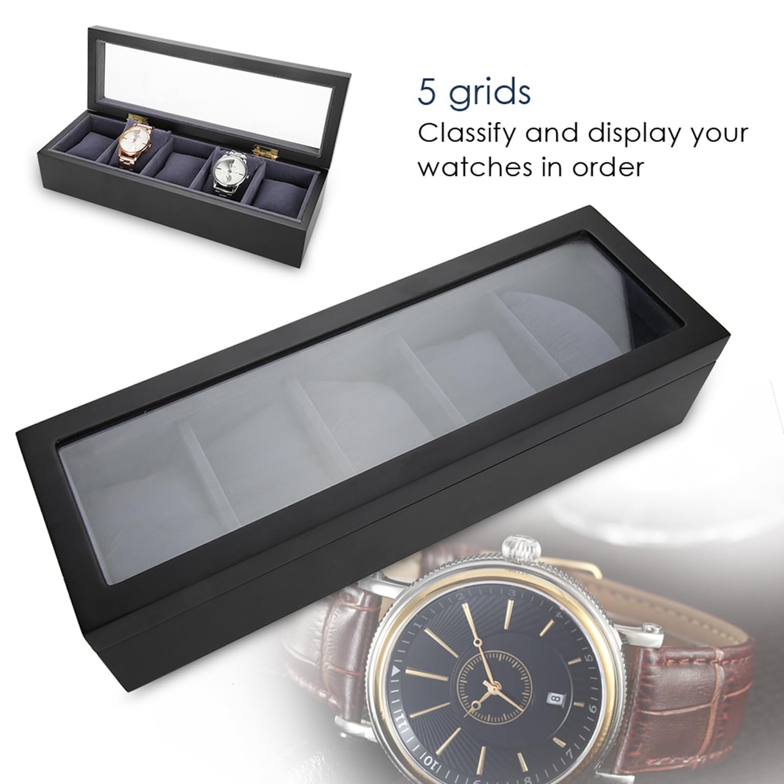 YUYTE Caja de Relojes, 5 Grids Caja de Almacenamiento de Relojes, Estuche de Joyeria para Organizadora y Exhibición(Negro)