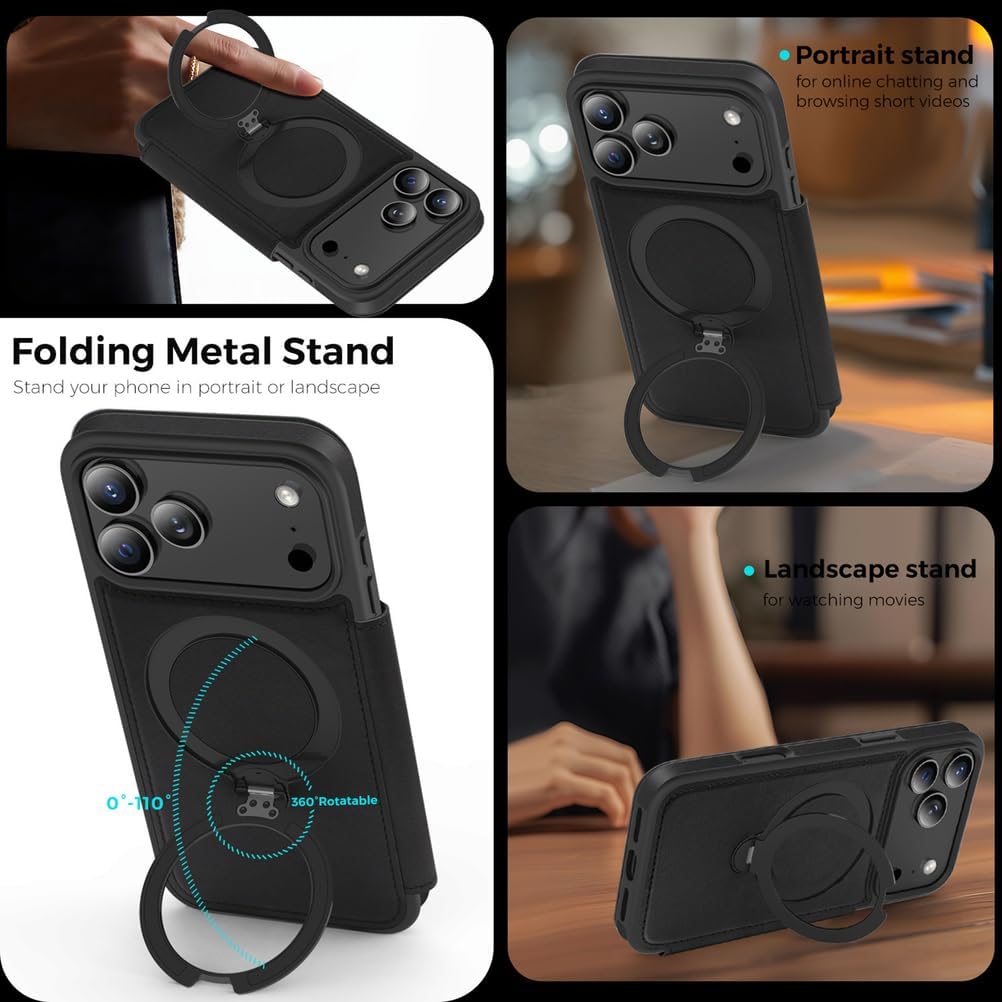 Wallet Case for iPhone 17 Pro Max/17 Pro/17 Air/17,Full Coverage Protection Swivel Magnetic Ring Holder Flip Leather Cover All -Inclusive Mobile Phone Case(Brown,17 Pro Max)