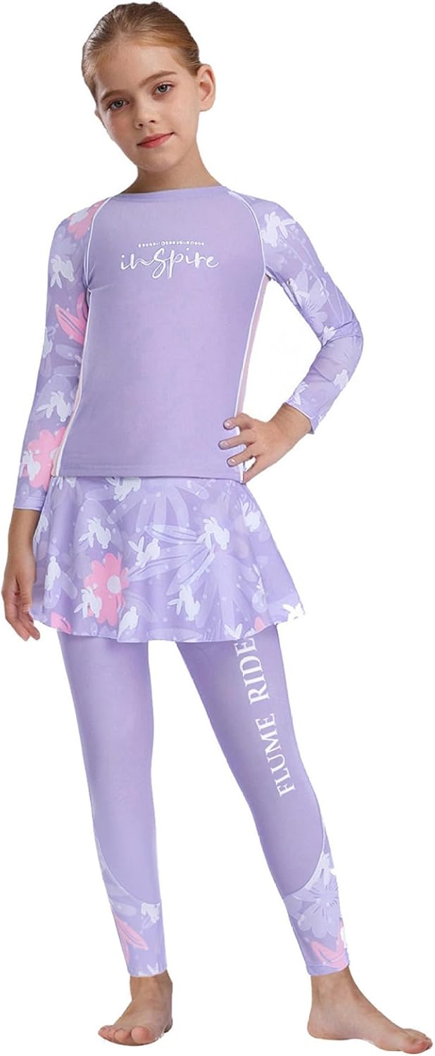 Big Girls Pieces Athletic Rash Guard Sets UPF Swim Top with Skirts Leggings Swimsuits