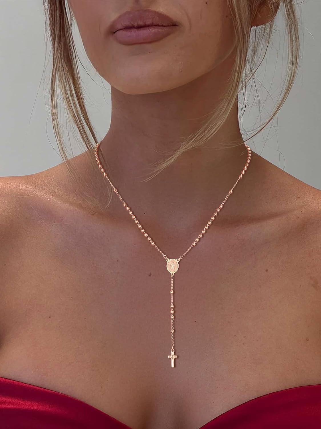 FOCALOOK Rosary Chain Necklace Virgin Mary Prayer Necklace with Crucifix/Jesus Cross Pendant Catholic Long Y Drop Chain Jewelry Gift for Women Men (with Rosary Box & Pray Card)