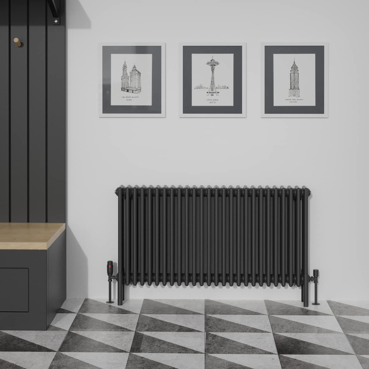 Warmehaus Traditional Cast Iron Style Black 4 Column Horizontal Radiator 600x1190mm Central Heating Space Saving Radiators
