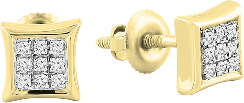 Dazzlingrock Silver Unisex Design Ladies Mens Real Natural Diamond Earrings | 0.08 Ctw | 5.5mm Round White Natural Diamond Kite Hip Hop Studs Yellow Gold Plated | 18K Real Solid Gold