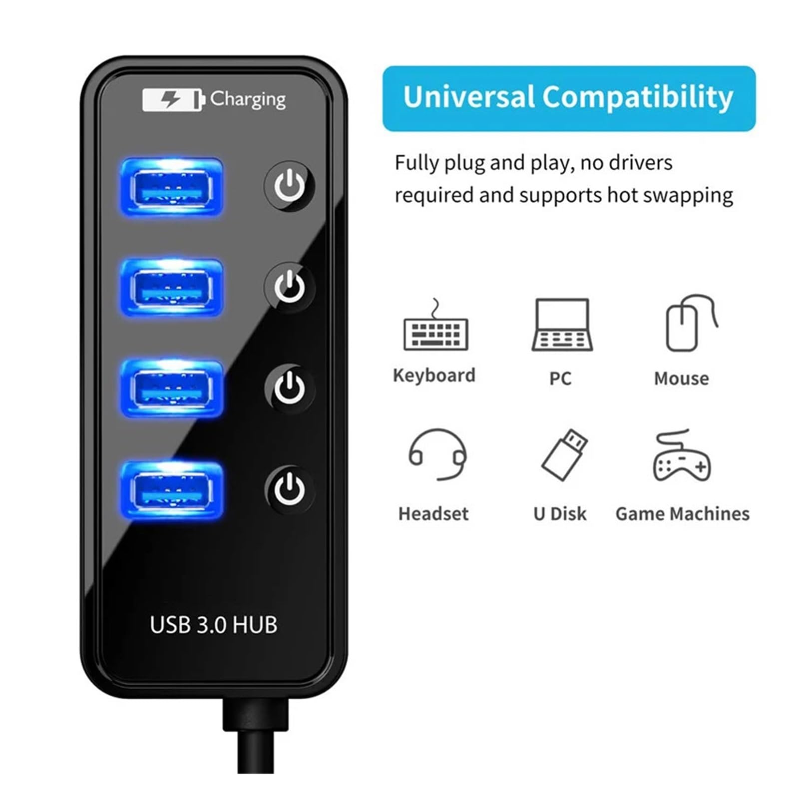 Caricatore HUB USB 3.0 Multi Porta 4/7 For Accessori For Laptop PC Con Adattatore Di Alimentazione Capacità Di Ricarica Rapida(7 port with plug)