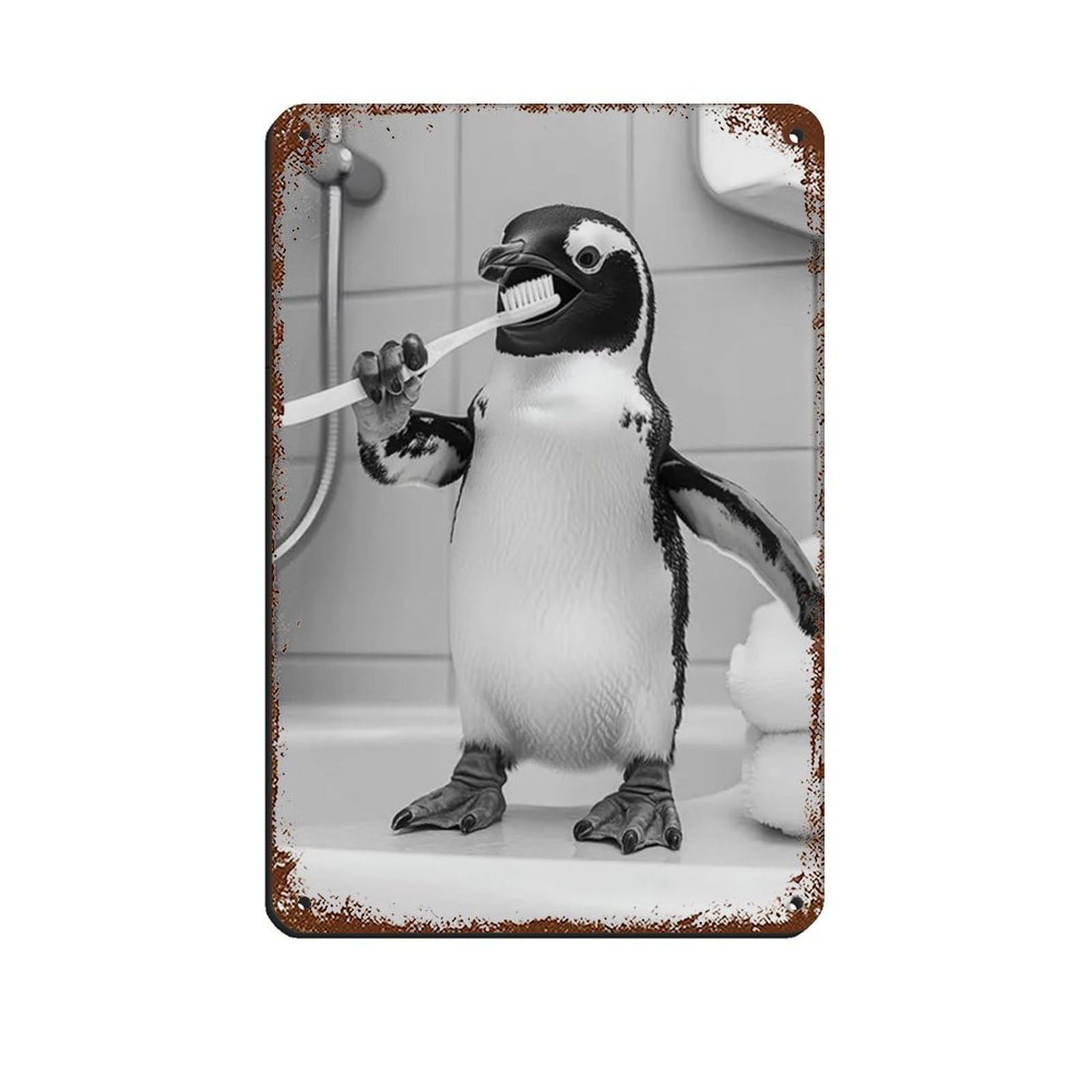 Penguin Brushing Teeth, Funny Bathroom Art Retro Poster Metal Tin Sign Chic Art Retro Iron Painting Bar People Cave Cafe Family Garage Poster Wall Decoration 8x12inch(20x30cm)