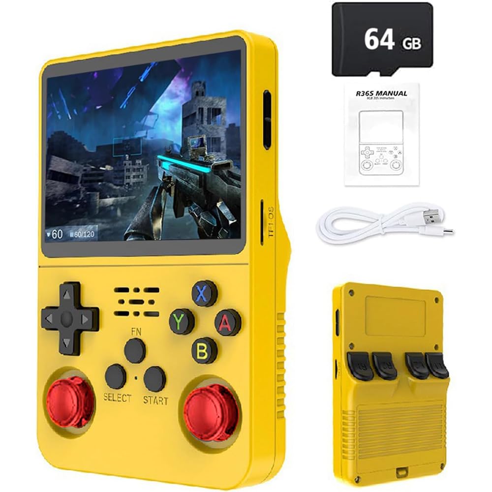 R36S Retro Handheld Game Console with 3.5" IPS Display, 64/128GB and 21,000+ Classic Games, Open Source Linux System, Screen Portable Pocket Video Player (Yellow-64G)