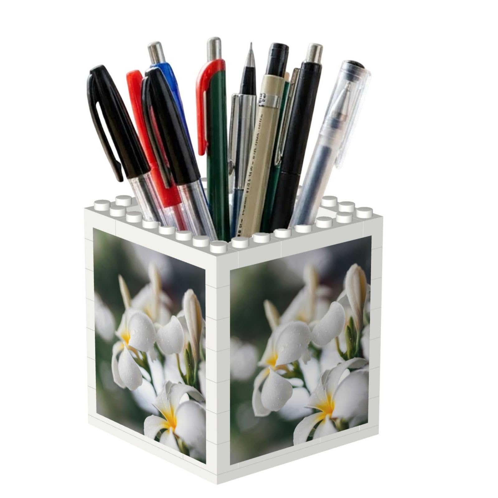Poadnly Beautiful White Frangipani Wake Plumeria Flowers, Pen Pot Pencil Holder for Office Home School, Compact Desk Organiser for Office Stationery