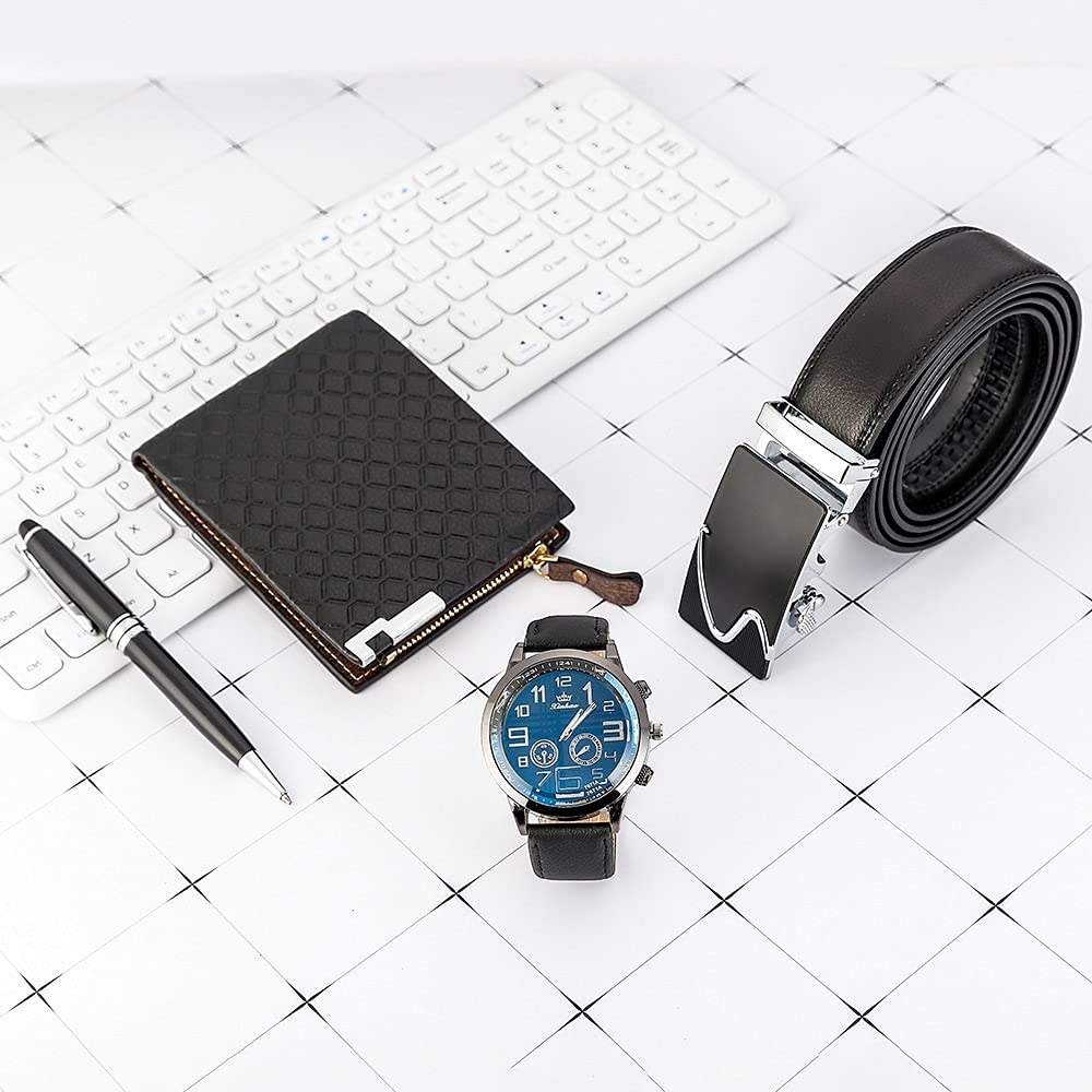 HMTE Elegante Orologio da Uomo Set per Uomo Orologio al Quarzo Occhiali Cintura in Pelle Portafoglio Portachiavi Penna Set Regalo da Uomo Confezione Regalo di Compleanno Aziendale