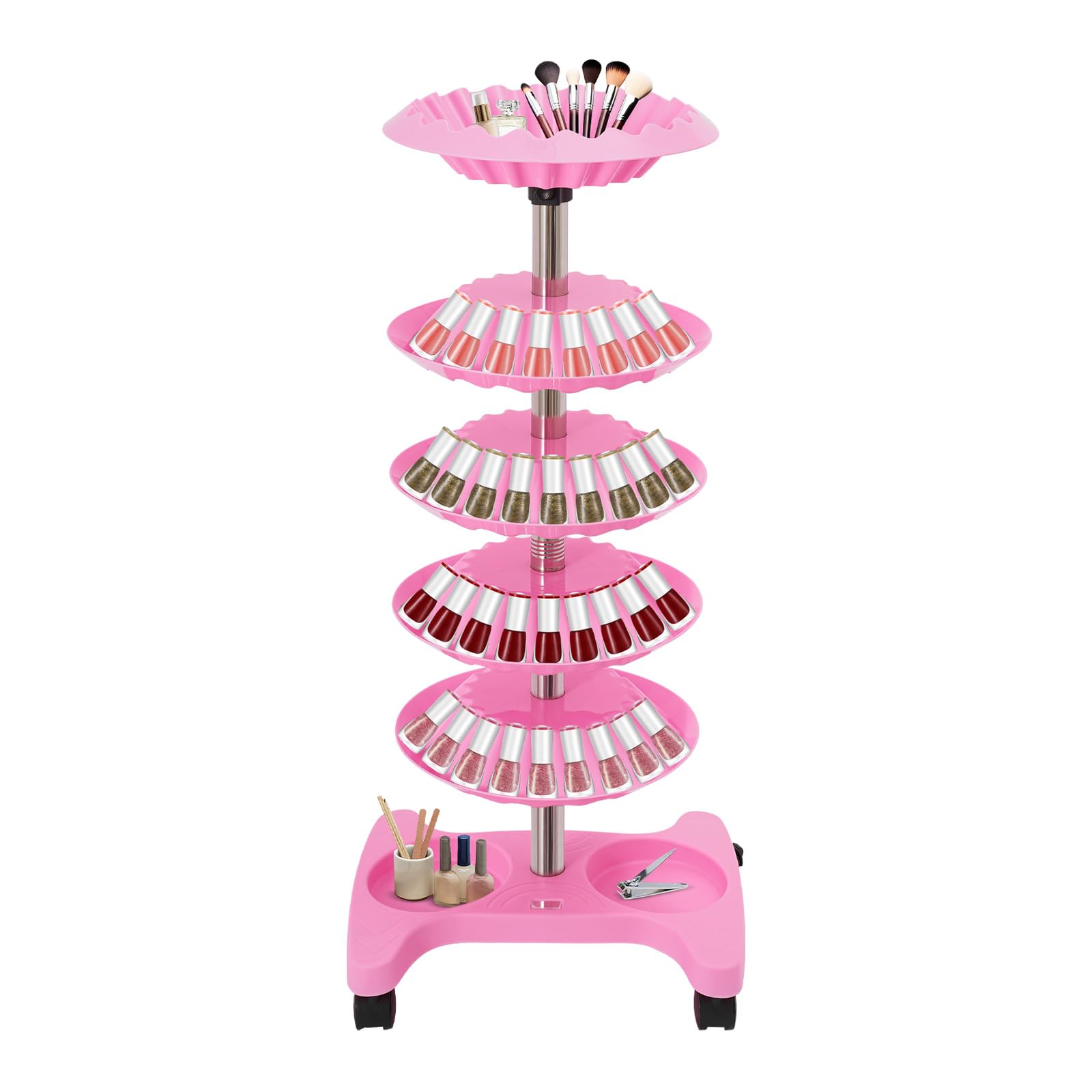 Nail Polish Trolley Organizer, Nail Polish Spinning Rack Display Stand with Wheels, 5 Tiers Display Rolling Cart for Nail Salon Pedicure Spa Business Home Use (Pink)