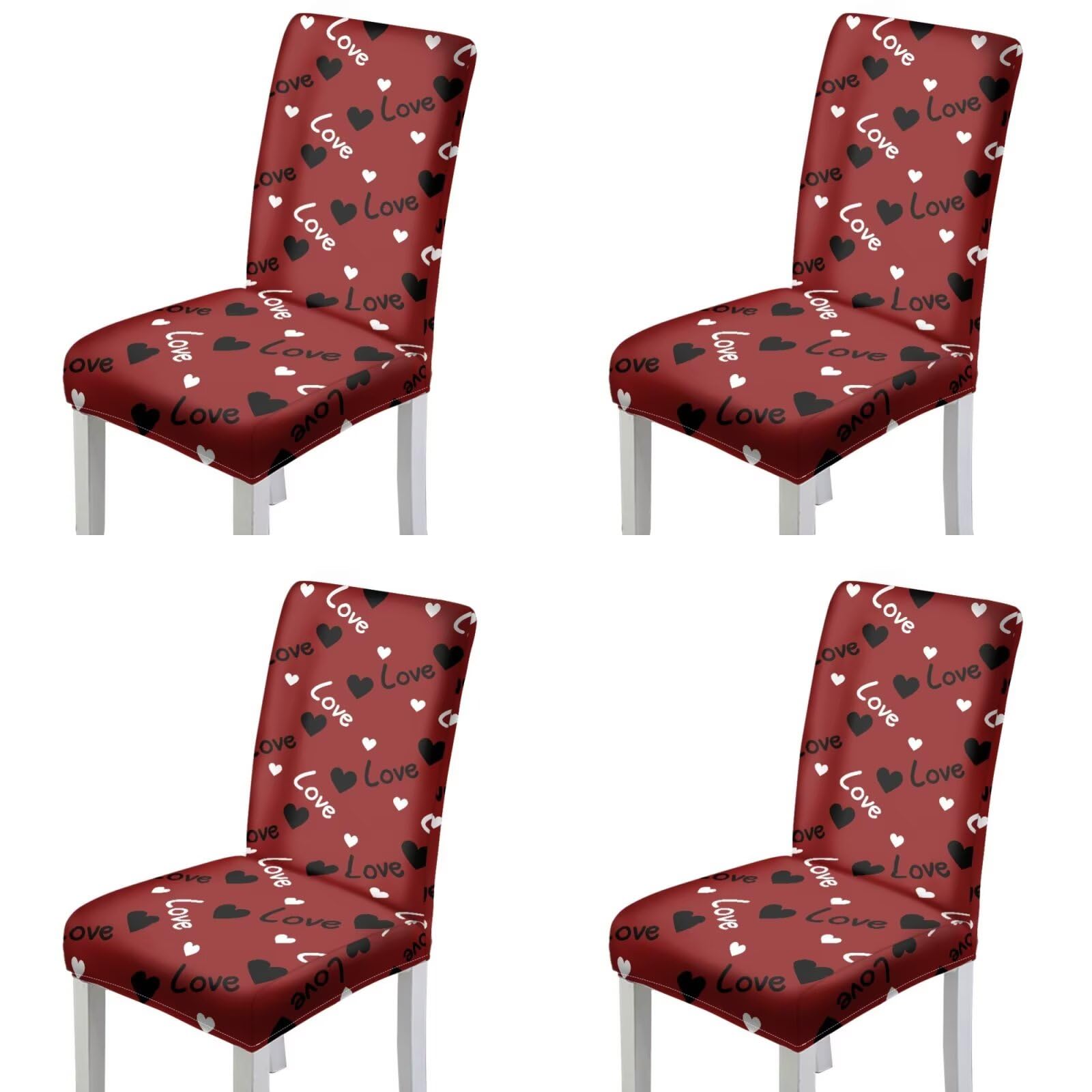 Dunkelrote Stuhlhussen mit Herzmotiv, dehnbar, Valentinstag, Esszimmerstuhlhussen, 4er-Set, für Feiertagsdekoration, knitterfreie Stuhlhussen mit elastischer Unterseite, für Hochzeit, Party