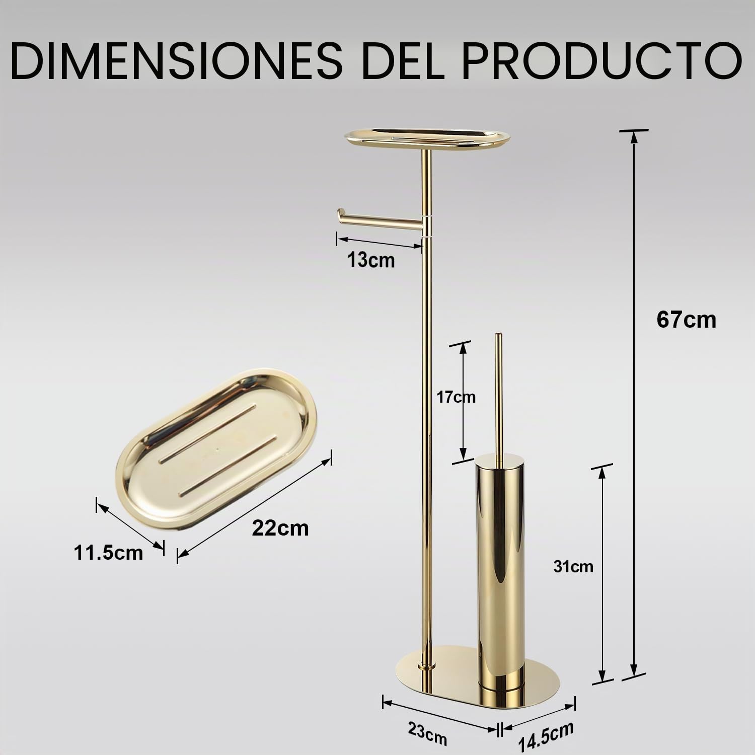BGL Juego de escobillas de baño de pie con soporte para papel higiénico 3 en 1 con estante, diseño moderno y de acero inoxidable dorado