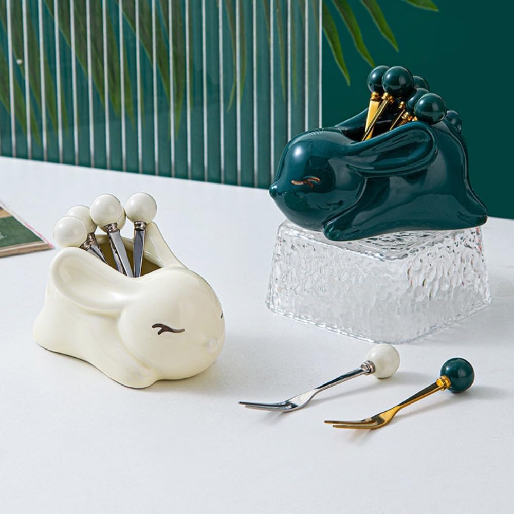 (6 Pieces) 3.93 Inch Ceramic Bunny Storage Jar Fruit Fork Household Stainless Steel Fork Dessert Fruit Small Fork Cute and Exquisite (White+Silver)