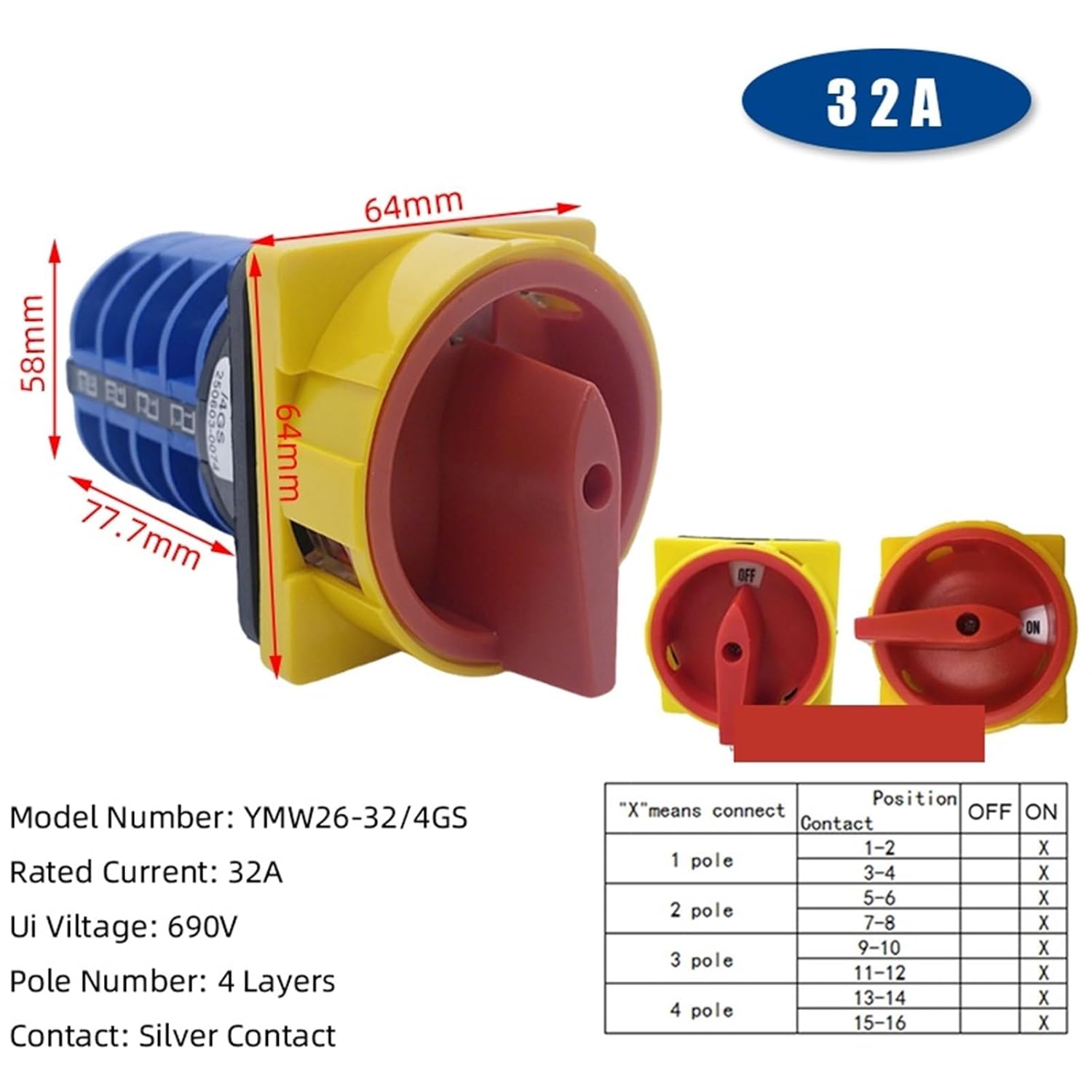 Cam Switch 690V 32A Padlock Changeover Rotary Switches ON/Off 2 Position 4 Poles Terminals Emergency Stop YMW26-32/4GS 1Pcs