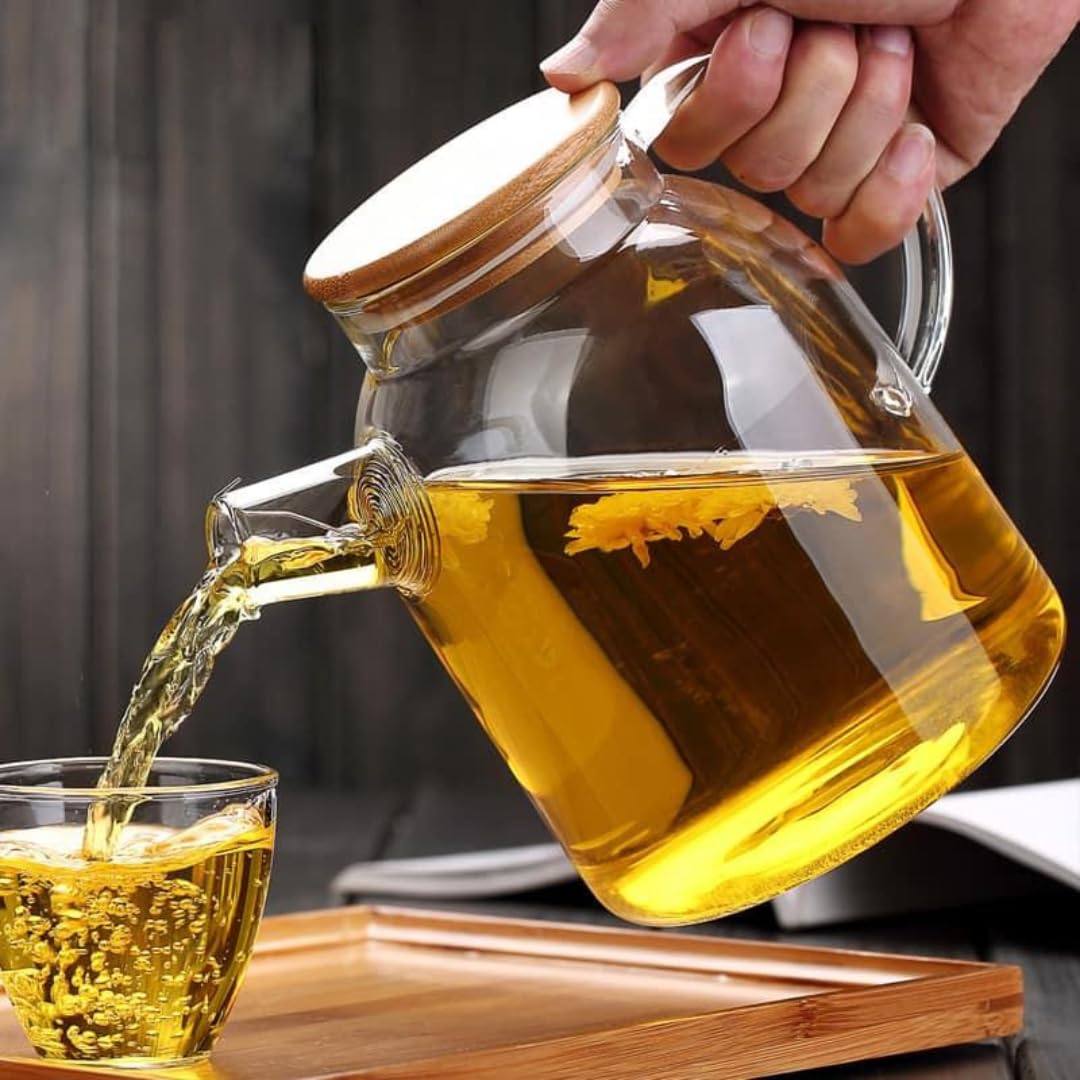 Wilmax Teekanne 1,6L + 6 Thermogläser 400ml im Set | Teesieb für losen Tee | Glaskanne mit Bambus-Deckel | Kanne für Teeblumen | Teapot | Glaskanne für Heiß- und Kaltgetränke | Spülmaschinenfest